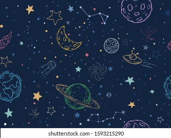 Color seamless space pattern. Hand drawn planets, cosmic galaxy texture and doodle moon vector illustration. Universe exploration, cosmos symbols texture. Colorful wallpaper, cosmic textile design