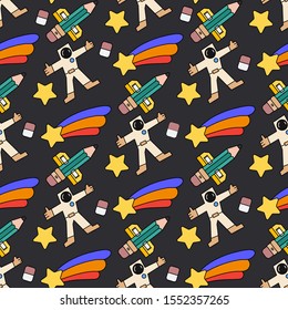 Color seamless spacecraft pattern. Kids futuristic galaxy doodle. Imagination space rocket, astronaut adventure dream, star satellite, comet. Holiday thematic wrapping paper sale design illustration.
