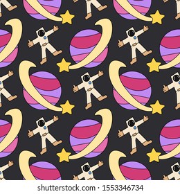 Color seamless spacecraft pattern. Kids futuristic galaxy doodle. Imagination space rocket, astronaut adventure dream, star satellite, comet. Simplified thematic spaceship and night sky wrapping paper