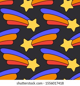 Color seamless spacecraft pattern. Kids futuristic galaxy doodle. Imagination space rocket, astronaut adventure dream, star satellite, comet. Holiday thematic wrapping paper sale design illustration.