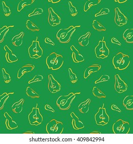 A color seamless vector pattern, with slices of quince and pear, on green background.
