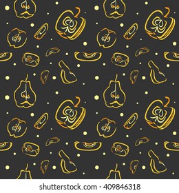 A color seamless vector pattern, with slices of quince and apple, with dots and circles, on dark background.