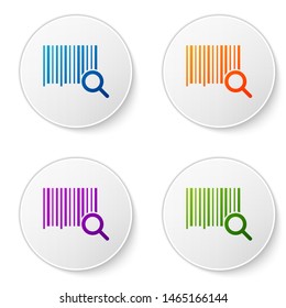 Color Search barcode icon isolated on white background. Magnifying glass searching barcode. Barcode label sticker. Research barcode. Set icons in circle buttons. Vector Illustration