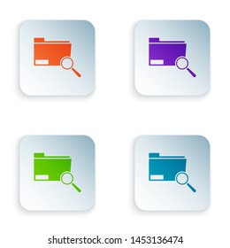 Color Search concept with folder icon isolated on white background. Magnifying glass and document. Data and information sign. Set icons in colorful square buttons. Vector Illustration