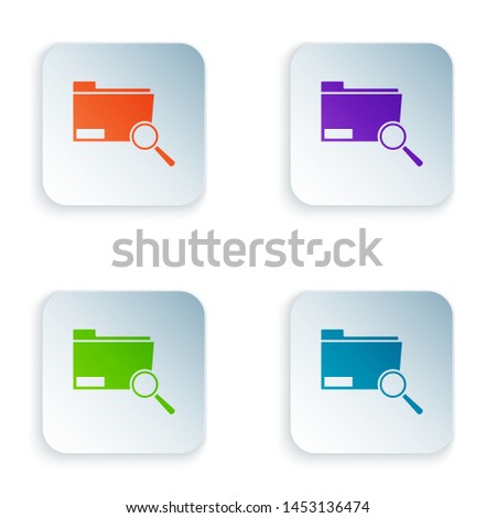 Color Search concept with folder icon isolated on white background. Magnifying glass and document. Data and information sign. Set icons in colorful square buttons. Vector Illustration