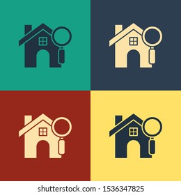 Color Search house icon isolated on color background. Real estate symbol of a house under magnifying glass. Vintage style drawing. Vector Illustration