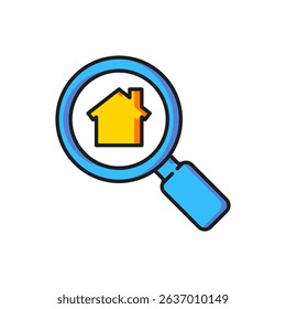 Color Search house icon isolated on white background. Real estate symbol of a house under magnifying glass. Flat filled outline style with shadow. Vector