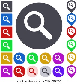 Color search icon, button, symbol set. Square, circle and pin versions.