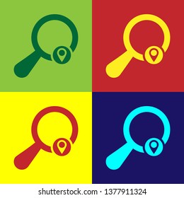 Color Search location icon isolated on color backgrounds. Magnifying glass with pointer sign. Flat design. Vector Illustration