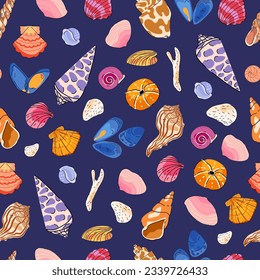 Color Seashell seamless pattern vector. Ocean reef underwater creature illustration for cover, textile, wallpaper, fabric, wrapping paper