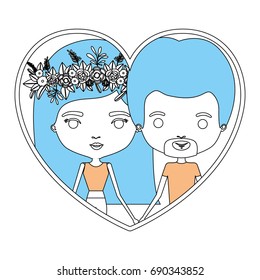 color section silhouette of heart shape with caricature couple man and woman with long and flower crown in hair inside holding hands vector illustration