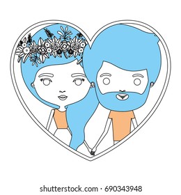 color section silhouette of heart shape with caricature couple man and woman with flower crown in hair inside holding hands vector illustration
