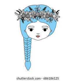 color sections silhouette caricature closeup front view face woman with braid hairstyle and crown decorate with flowers vector illustration