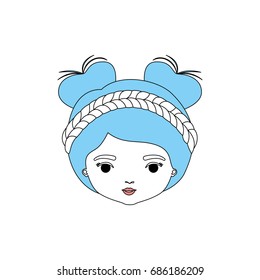 color sections silhouette caricature closeup front view face woman with double bun collected and braided hairstyle vector illustration