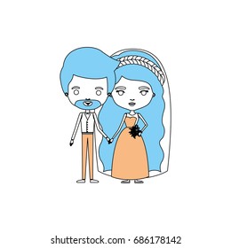 color sections silhouette caricature newly married couple groom with formal wear and bride with wavy long hairstyle vector illustration
