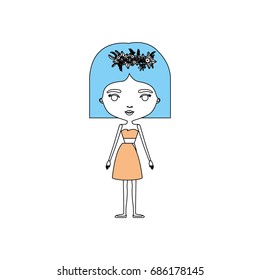 color sections silhouette caricature skinny woman in clothes with short hairstyle and flower crown accesory vector illustration