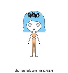 color sections silhouette caricature skinny woman in clothes with wavy short hairstyle and flower crown accesory vector illustration