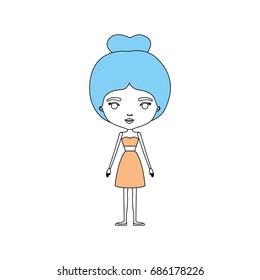 color sections silhouette caricature skinny woman in clothes with bun hairstyle vector illustration