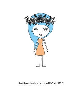color sections silhouette caricature skinny woman in dress with wavy side long hairstyle and flower crown accesory vector illustration