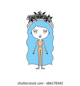 color sections silhouette caricature skinny woman in clothes with wavy long hairstyle and flower crown accesory vector illustration