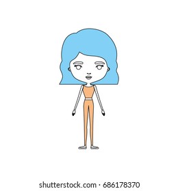 color sections silhouette caricature skinny woman in clothes with wavy short hairstyle vector illustration