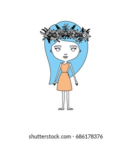 color sections silhouette caricature skinny woman in dress with long hairstyle and flower crown accesory vector illustration