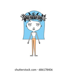 color sections silhouette caricature skinny woman in clothes with straight medium hairstyle and flower crown accesory vector illustration
