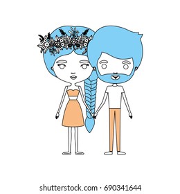 color sections silhouette caricature thin couple of bearded man and woman in skirt and top braid hairstyle with flower crown and holding hands vector illustration