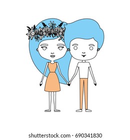 color sections silhouette of couple standing caricature her in dress with long straight hair with floral crown and him in casual clothes vector illustration