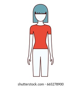 color sections silhouette faceless front view woman with pants and straight short hair vector illustration