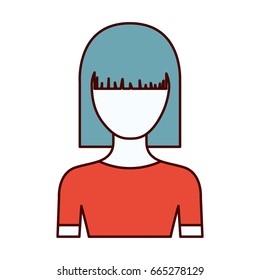 color sections silhouette of faceless half body young woman with straight medium hairstyle vector illustration