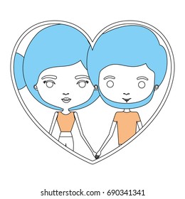 color sections silhouette heart shape portrait with caricature couple and her with bun hair and him with beard vector illustration