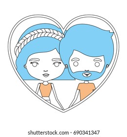 color sections silhouette heart shape portrait with caricature couple man with beard and woman with dress and wavy short hairstyle vector illustration