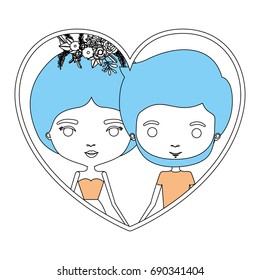 color sections silhouette heart shape portrait with caricature couple and her in dress with collected hair and floral crown and him bearded vector illustration