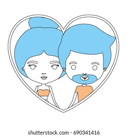 color sections silhouette heart shape portrait with caricature couple man with beard and woman with bun hairstyle vector illustration