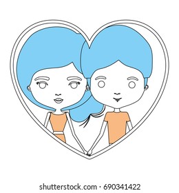 color sections silhouette heart shape portrait with caricature couple man and woman with collected hair vector illustration