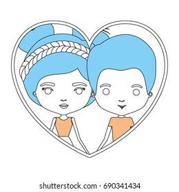 color sections silhouette heart shape portrait with caricature couple man and woman with dress and double bun hairstyle vector illustration