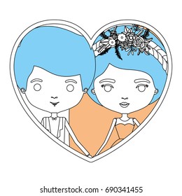 color sections silhouette heart shape portrait with caricature newly married couple groom with formal wear and bride with collected hairstyle vector illustration