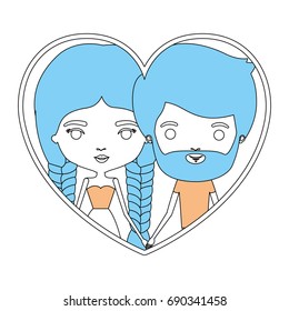 color sections silhouette heart shape portrait with caricature couple man with beard and woman with dress and double braids hairstyle vector illustration