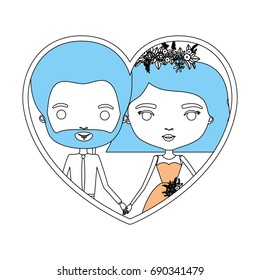 color sections silhouette heart shape portrait with caricature newly married couple groom with formal wear and bride with wavy short hairstyle vector illustration