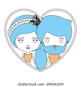 color sections silhouette heart shape portrait with caricature couple man with beard and woman with ponytail hairstyle and floral crown accesory vector illustration