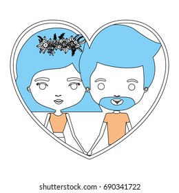 color sections silhouette heart shape portrait with caricature couple and her with short hair and floral crown and him with van dyke beard vector illustration