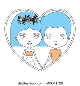 color sections silhouette heart shape portrait with caricature couple man and woman with short hairstyle and floral crown accesory vector illustration