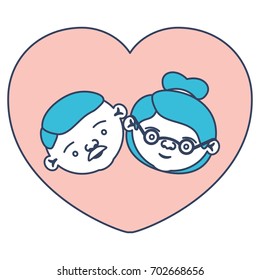 color sections silhouette of heart shape greeting card with caricature face of grandfather with mustache and grandmother with collected hair with glasses vector illustration