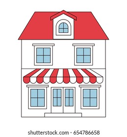 color sections silhouette of house with two floors with attic and awning vector illustration