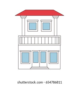 color sections silhouette of house with two floors and balcony vector illustration