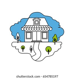 color sections silhouette scene of natural landscape and store with awning and attic vector illustration