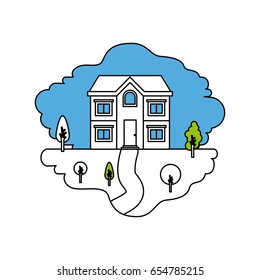 color sections silhouette scene of natural landscape and facade house of two floors vector illustration