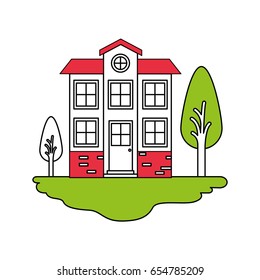 color sections silhouette scene of outdoor landscape and facade house of two floors with attic vector illustration