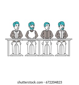 color sections silhouette of teamwork of men sitting in desk vector illustration